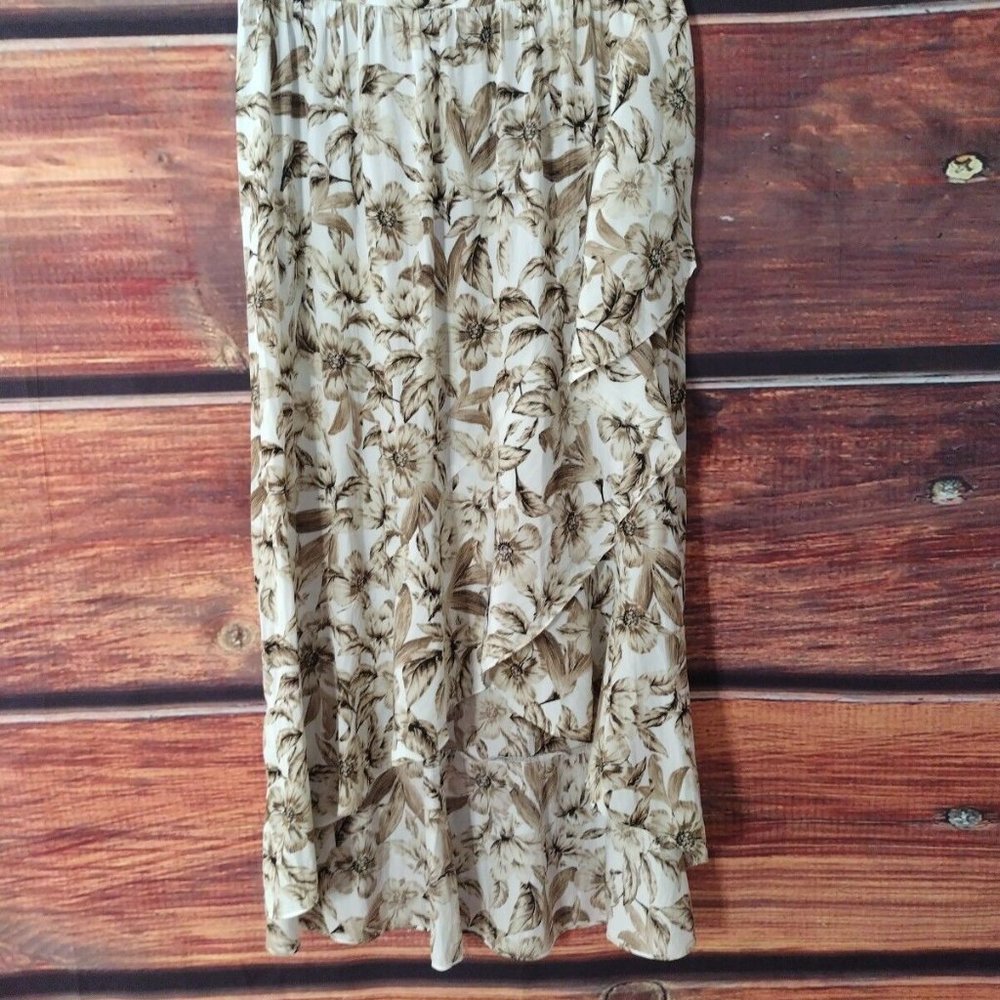 J.Jill Women's Size S Silky Floral Faux Wrap Hi-Low Midi Skirt Neutral